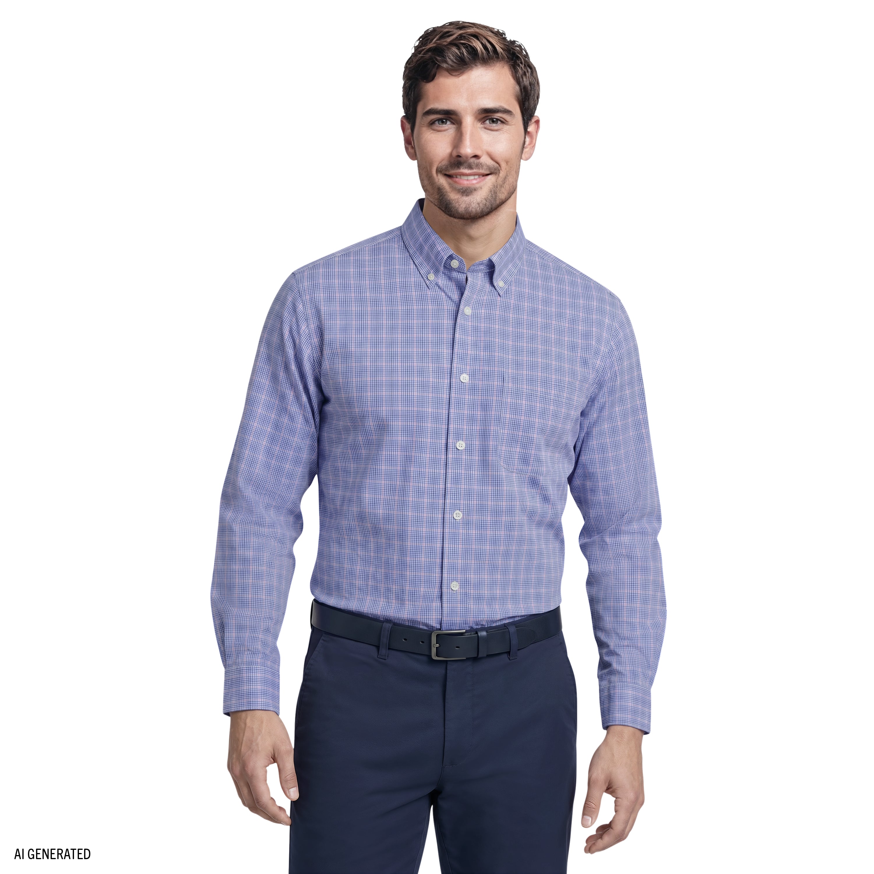 All-Over Stretch L/S Plaid Button-Down Dress Shirt - Ultramarine
