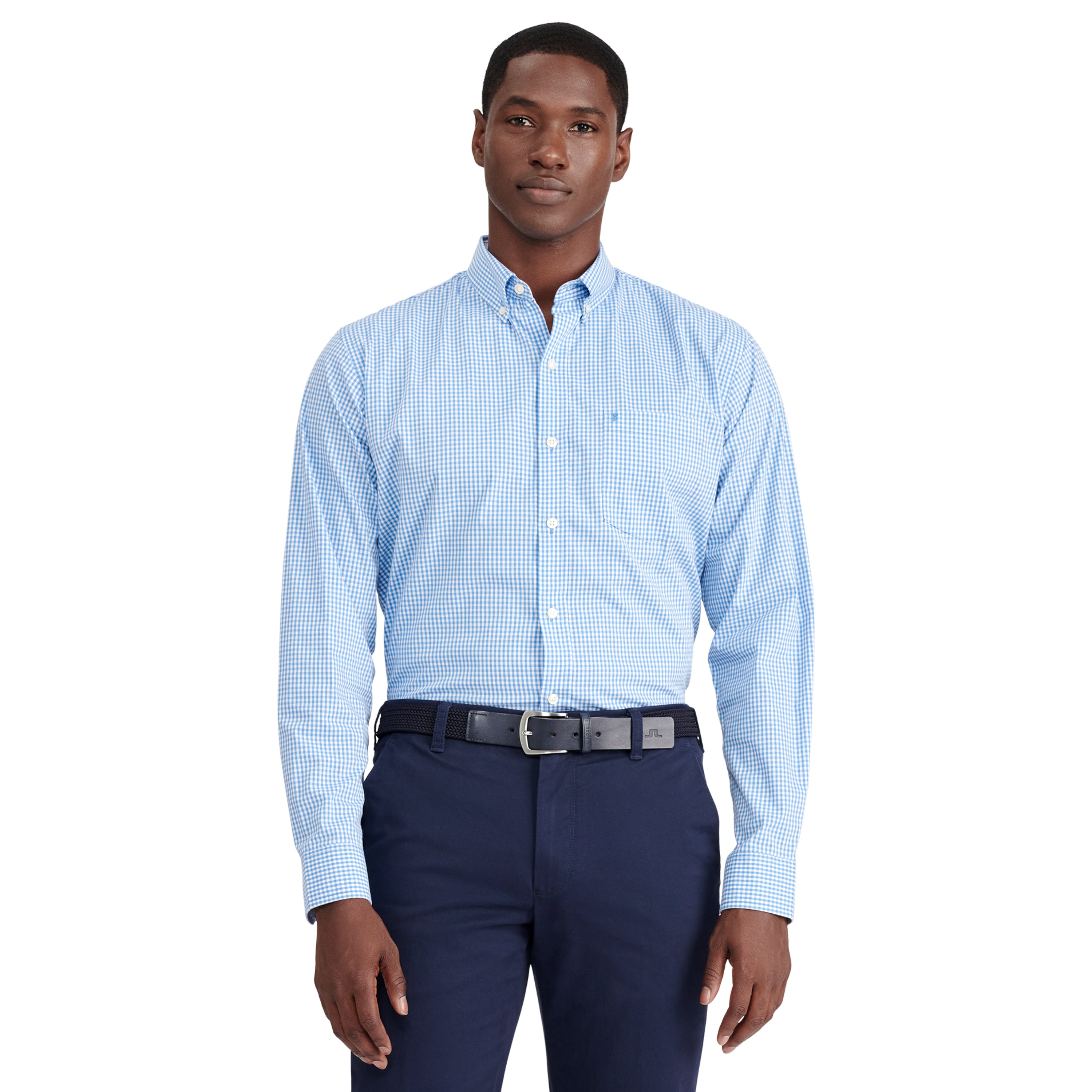 BUTTON DOWN LONG SLEEVE STRETCH PERFORMANCE GINGHAM SHIRT BLUE