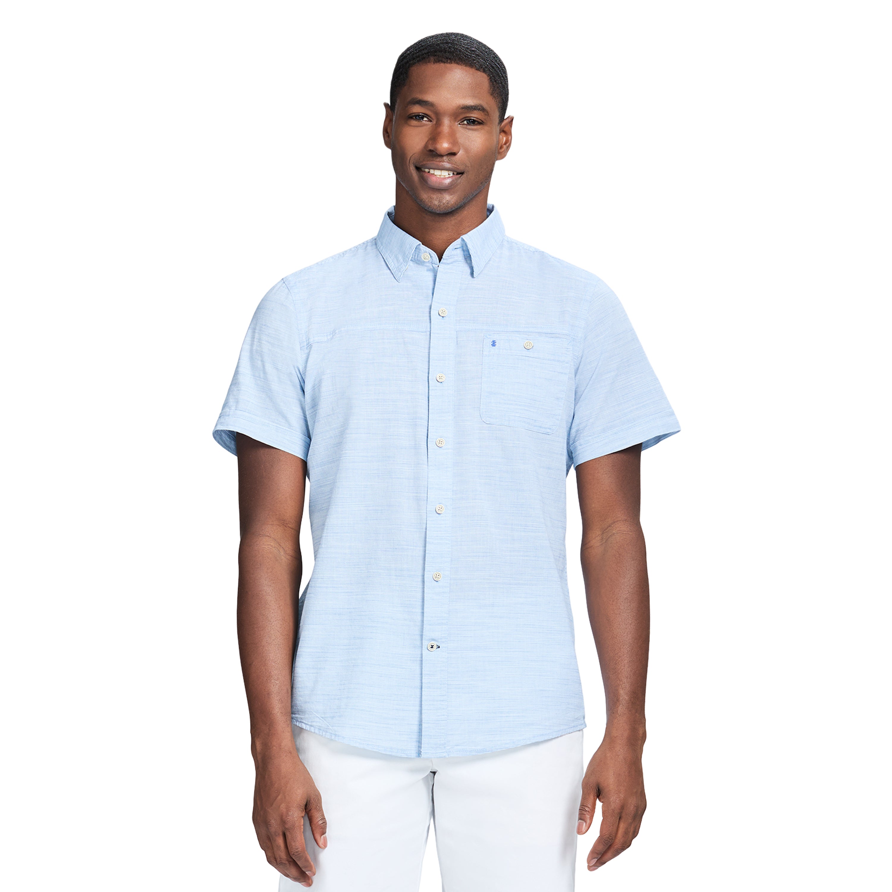 Dockside Solid Chambray Short Sleeve Button Down Shirt - Blue