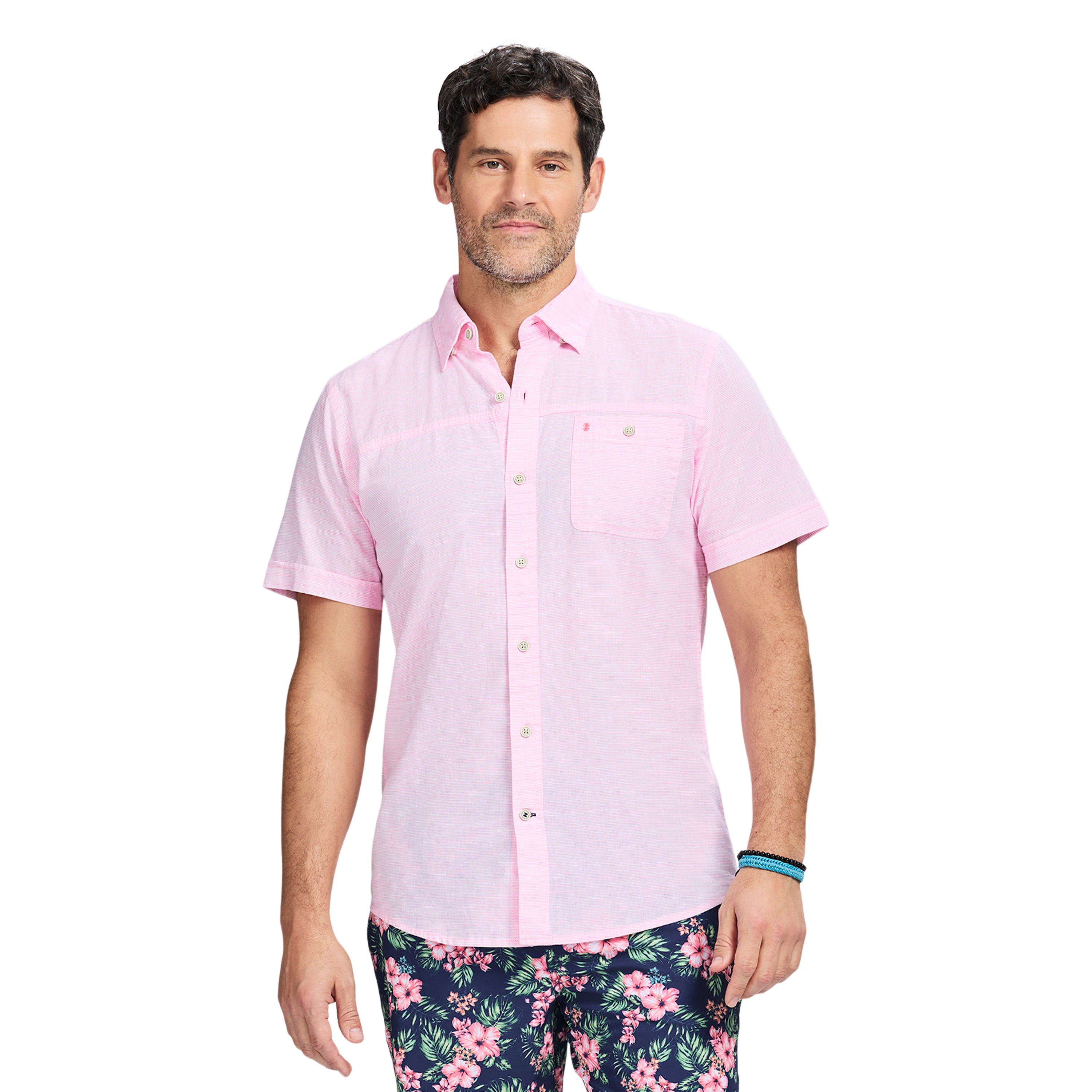 Dockside Solid Chambray Short Sleeve Button Down Shirt - Pink