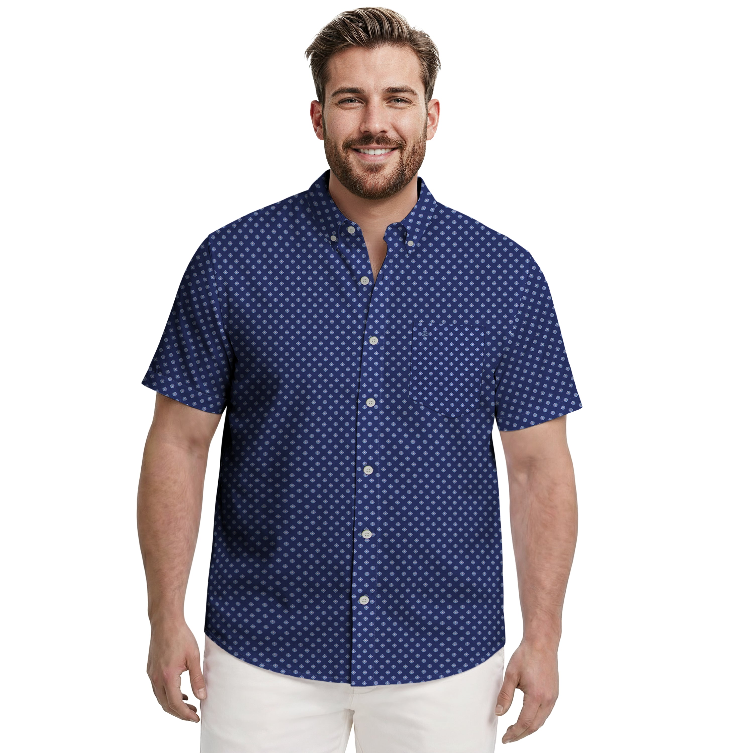 BIG & TALL BREEZE S/S PRINTED BUTTON-DOWN SHIRT - TWILIGHT BLUE – IZOD