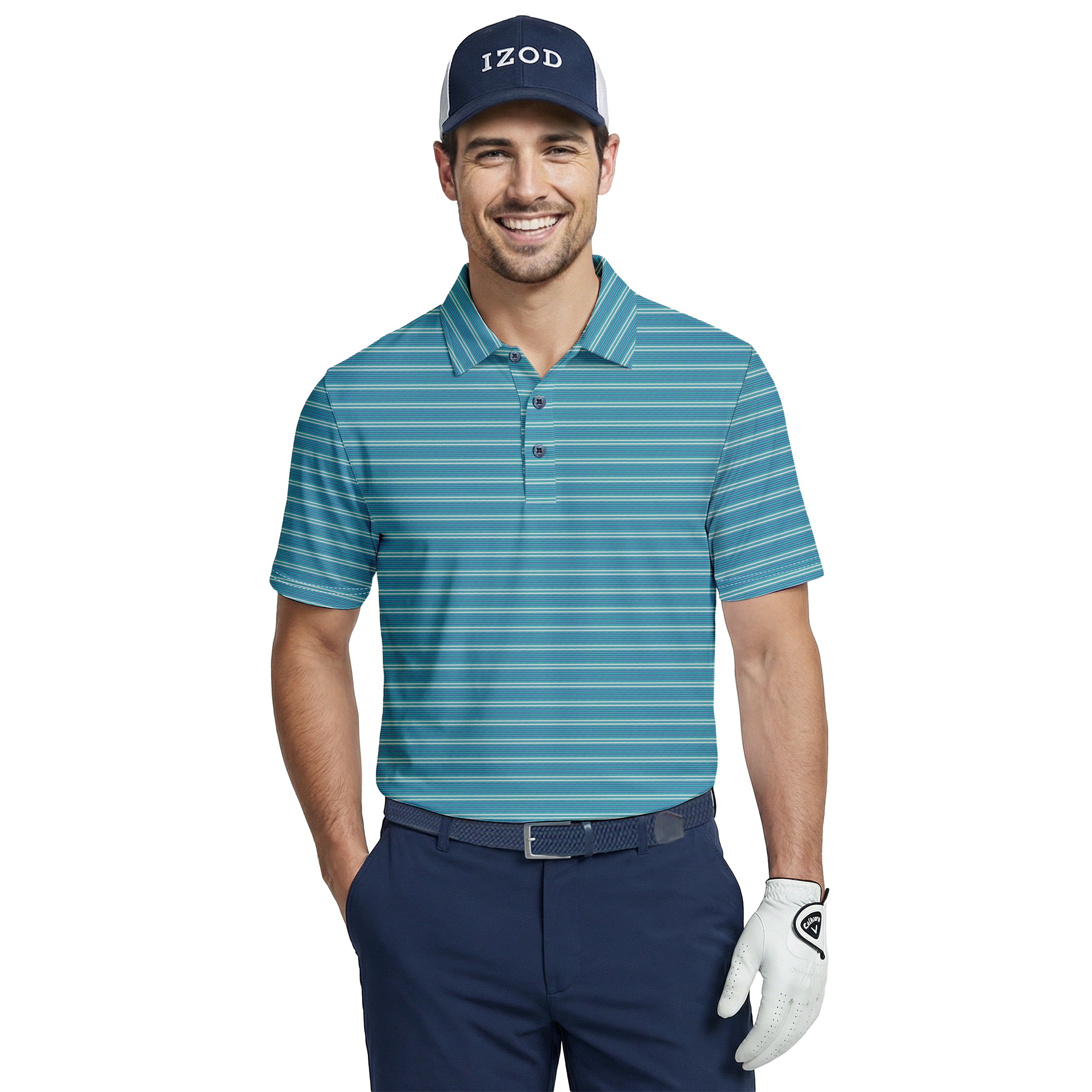 【定価2.4万】TFW49 SIDE MESH COLLARLESS POLO GOLF SWINGFLEX ELITE PRINTED POLO - TEAL – IZOD