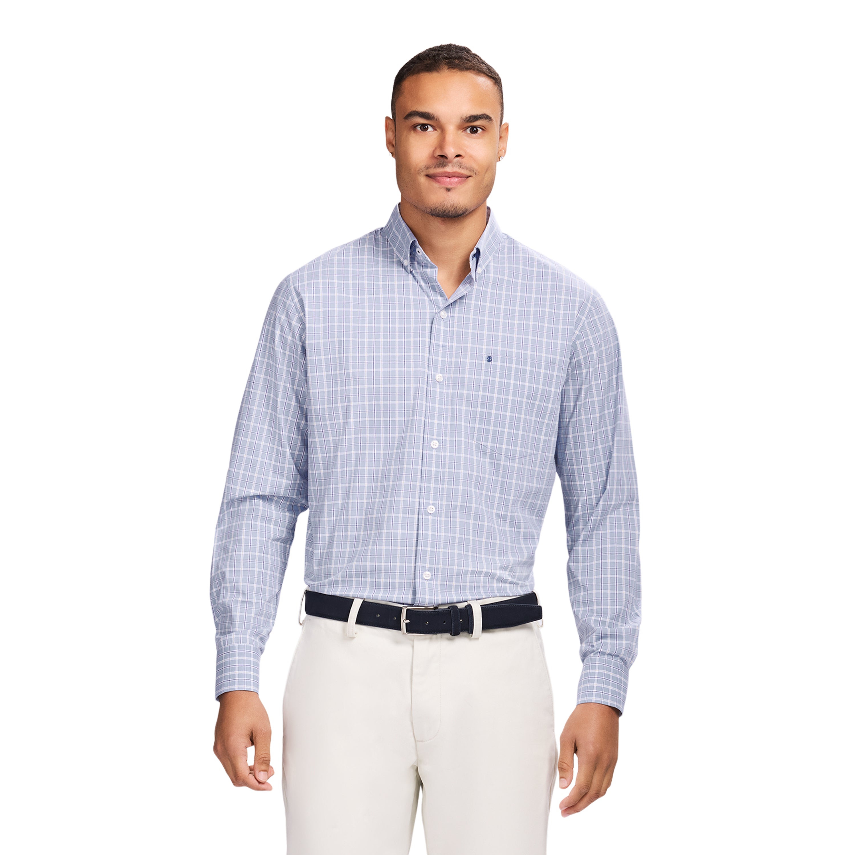 PERFORMANCE COMFORT L/S PLAID BUTTON-DOWN SHIRT - CHAMBRAY BLUE – IZOD