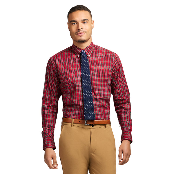 ALL OVER STRETCH TARTAN BUTTON DOWN DRESS SHIRT - REAL RED