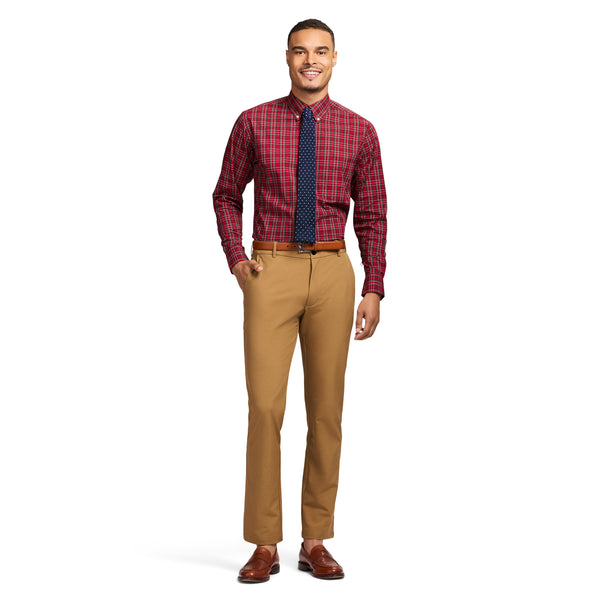 ALL OVER STRETCH TARTAN BUTTON DOWN DRESS SHIRT - REAL RED