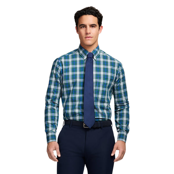 ALL OVER STRETCH TARTAN BUTTON DOWN DRESS SHIRT - EVERGREEN