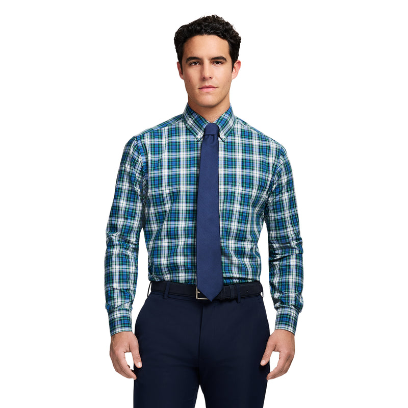 ALL OVER STRETCH TARTAN BUTTON DOWN DRESS SHIRT - EVERGREEN
