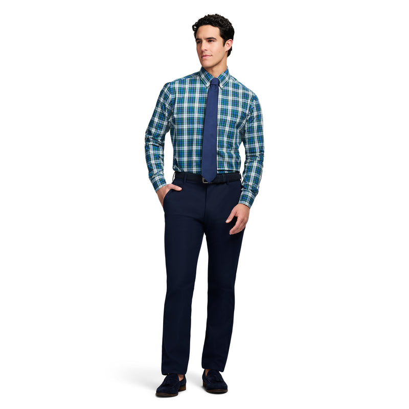 ALL OVER STRETCH TARTAN BUTTON DOWN DRESS SHIRT - EVERGREEN