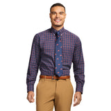 ALL OVER STRETCH TARTAN BUTTON DOWN DRESS SHIRT - MEDIEVAL BLUE