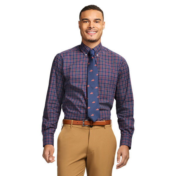 ALL OVER STRETCH TARTAN BUTTON DOWN DRESS SHIRT - MEDIEVAL BLUE