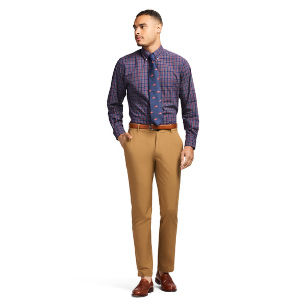ALL OVER STRETCH TARTAN BUTTON DOWN DRESS SHIRT - MEDIEVAL BLUE