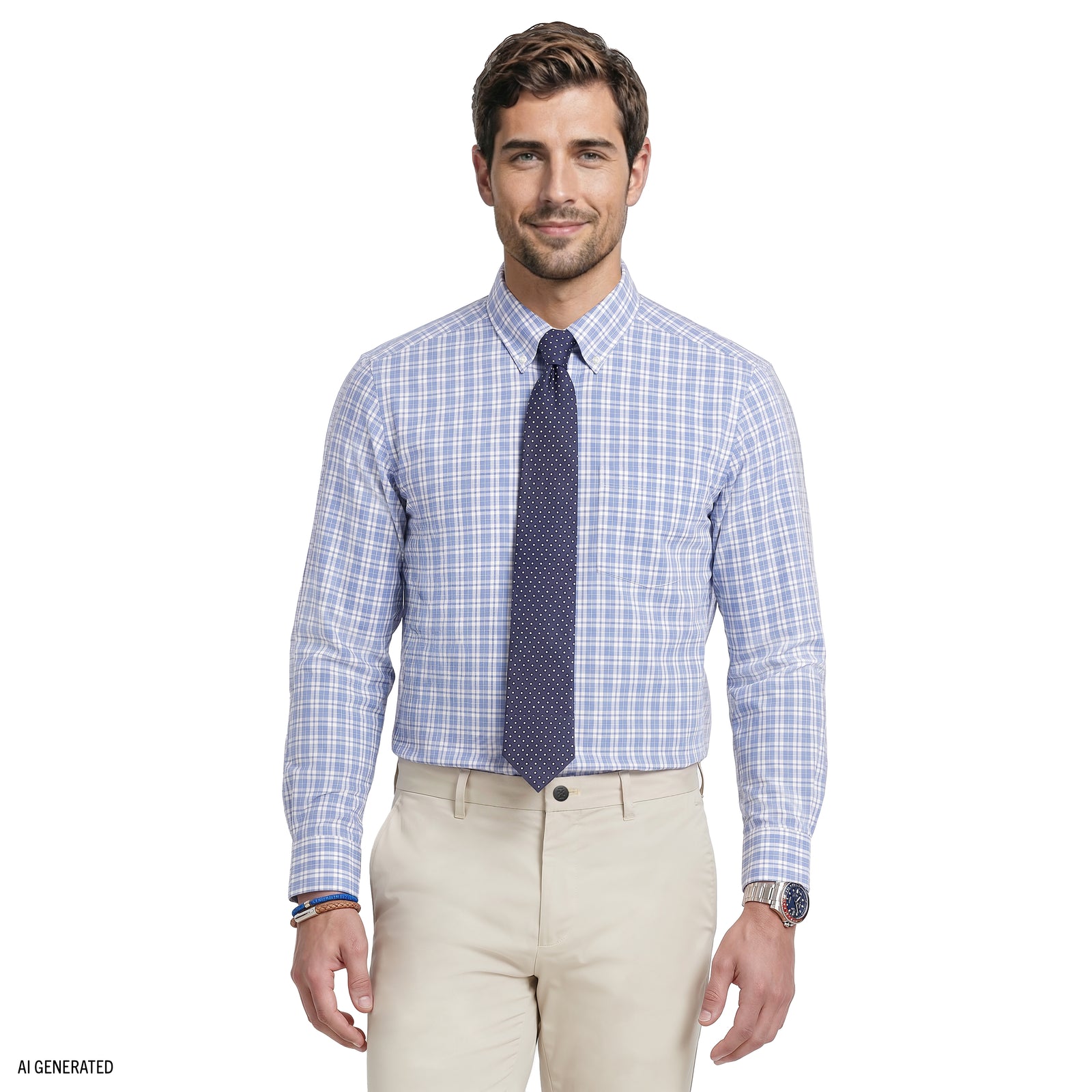 ALL-OVER STRETCH L/S PLAID BUTTON-DOWN DRESS SHIRT - CHAMBRAY BLUE