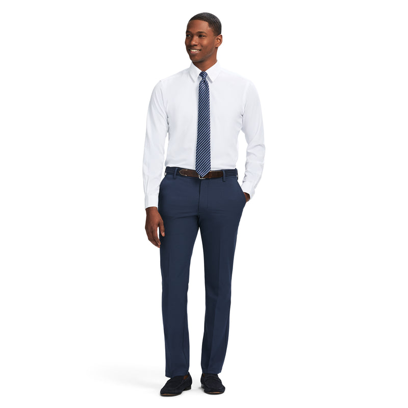 blue dress shirt white pants Men's Outfit: White Long Sleeve Shirt, Navy Dress Pants, Brown Leather Tassel Loafers, Clear Sunglasses