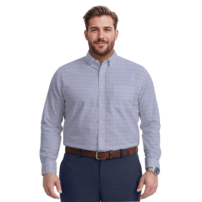 BIG & TALL ALL-OVER STRETCH L/S PLAID BUTTON-DOWN DRESS SHIRT