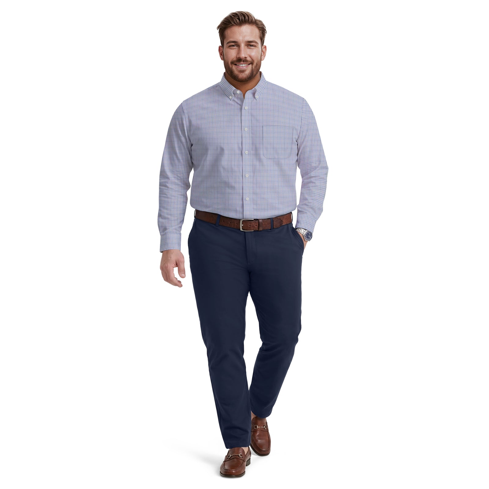 BIG & TALL ALL-OVER STRETCH L/S PLAID BUTTON-DOWN DRESS SHIRT
