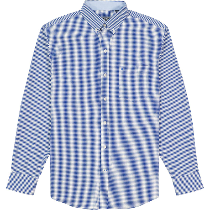 PERFORMANCE COMFORT LONG-SLEEVE GINGHAM BUTTON-DOWN SHIRT - MAZARINE BLUE