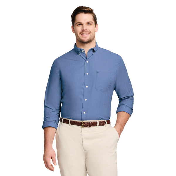 BIG AND TALL PERFORMANCE COMFORT LONG-SLEEVE SOLID BUTTON-DOWN SHIRT - ESTATE BLUE