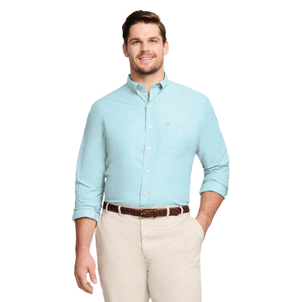 BIG AND TALL PERFORMANCE COMFORT LONG-SLEEVE SOLID BUTTON-DOWN SHIRT - BLUE RADIANCE