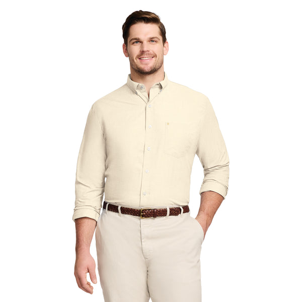 BIG AND TALL PERFORMANCE COMFORT LONG-SLEEVE SOLID BUTTON-DOWN SHIRT - GOLDEN CREAM