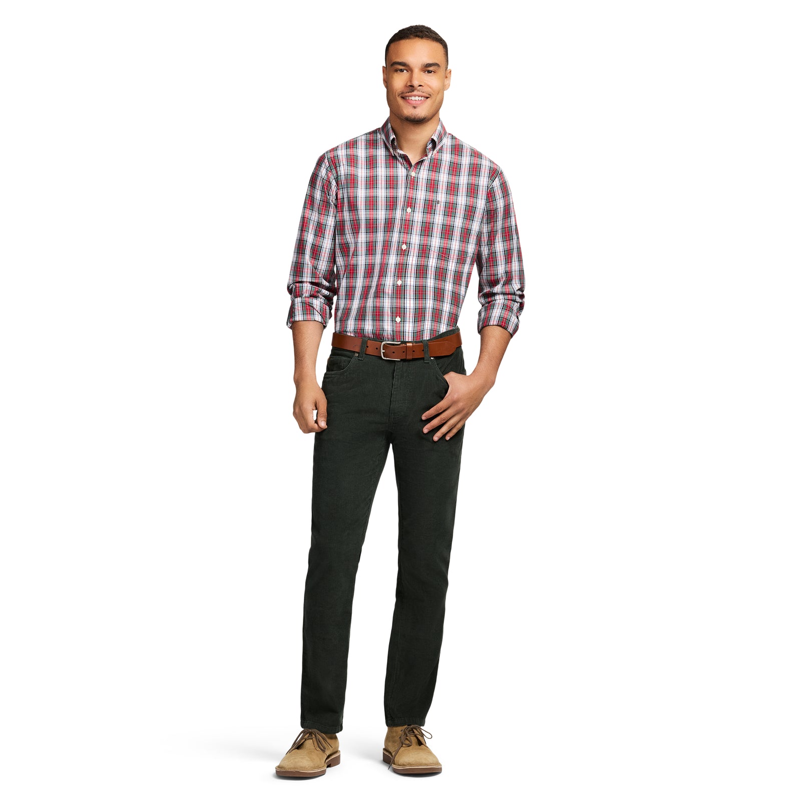 Holiday Tartan Long Sleeve Button Down Shirt - Scarlet Sage – IZOD