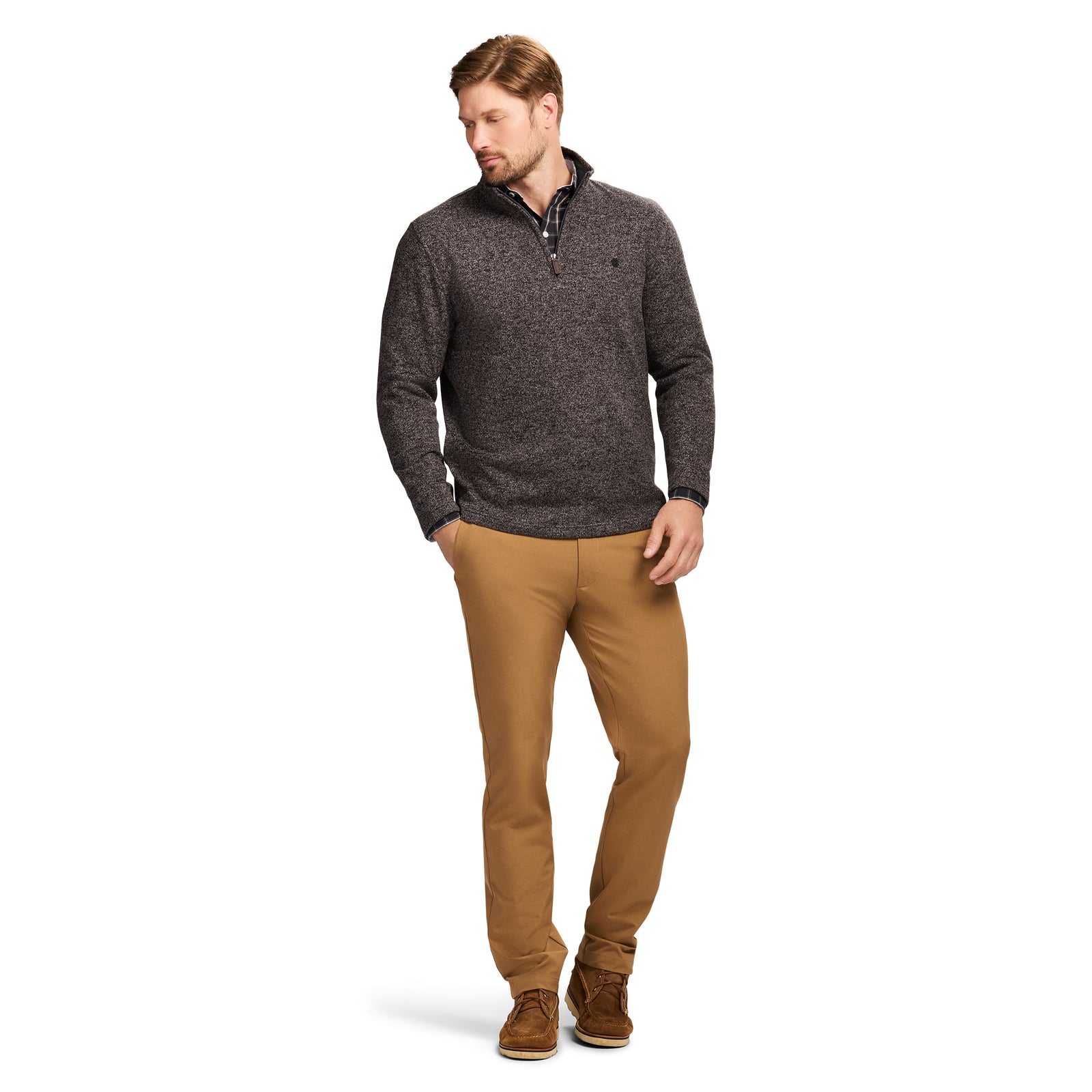 トップス SOFTHYPHEN FAUX LEATHER FRONT KNIT CARDE Thermasoft Sweater Fleece Quarter Zip - Carbon Hthr – IZOD