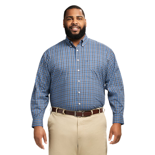 BIG & TALL PERFORMANCE COMFORT LONG SLEEVE PLAID BUTTON DOWN SHIRT - TRUE NAVY