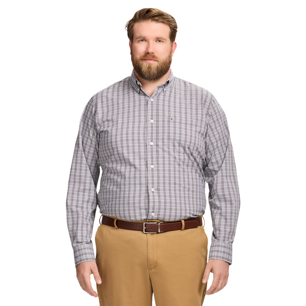 BIG & TALL PERFORMANCE COMFORT LONG SLEEVE PLAID BUTTON DOWN SHIRT - ASPHALT
