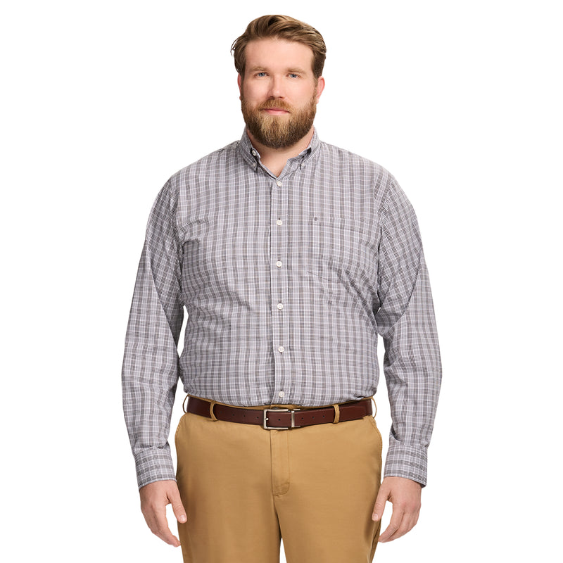 BIG & TALL PERFORMANCE COMFORT LONG SLEEVE PLAID BUTTON DOWN SHIRT - ASPHALT
