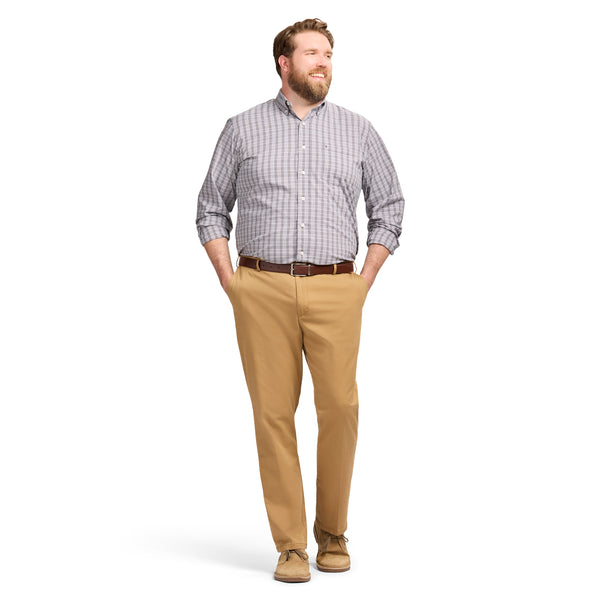 BIG & TALL PERFORMANCE COMFORT LONG SLEEVE PLAID BUTTON DOWN SHIRT - ASPHALT
