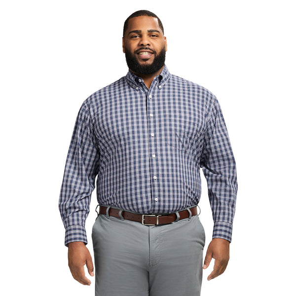 BIG & TALL PERFORMANCE COMFORT LONG SLEEVE PLAID BUTTON DOWN SHIRT - TRUE NAVY