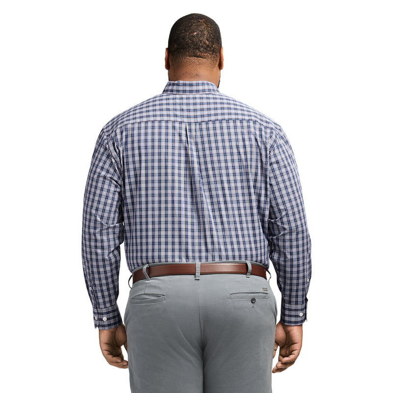 BIG & TALL PERFORMANCE COMFORT LONG SLEEVE PLAID BUTTON DOWN SHIRT - TRUE NAVY