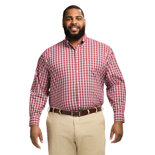 BIG & TALL PERFORMANCE COMFORT LONG SLEEVE PLAID BUTTON DOWN SHIRT - RED DAHLIA