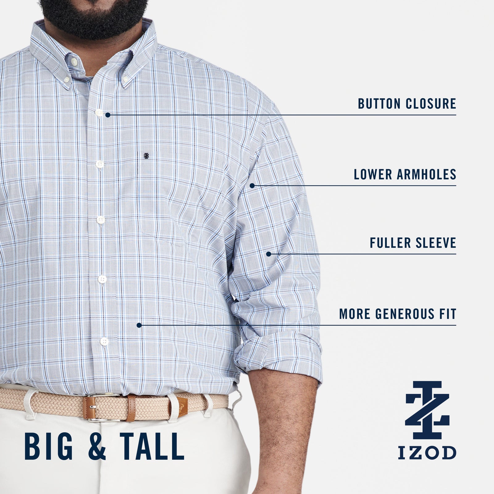Big & Tall Performance Comfort L/S Plaid Button-down Shirt - Izod Sportswear - Larkspur
