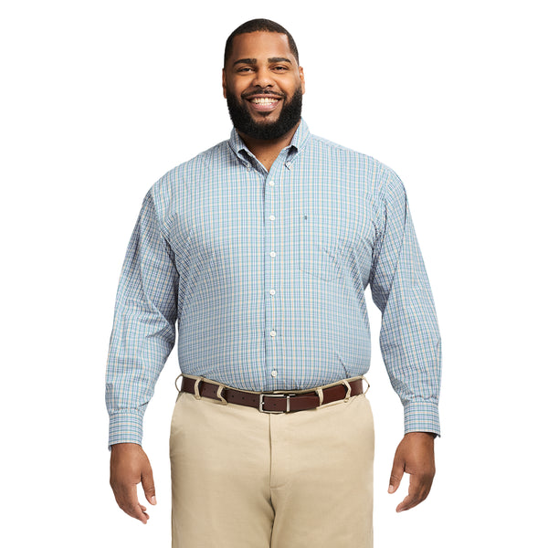 BIG & TALL PERFORMANCE COMFORT LONG SLEEVE PLAID BUTTON DOWN SHIRT - LARKSPUR
