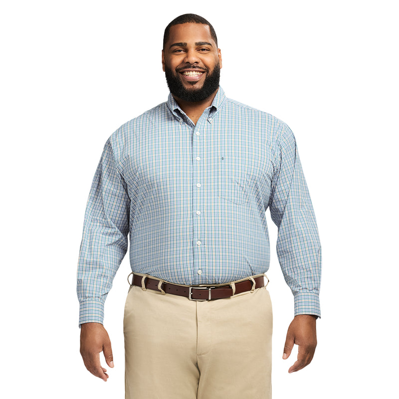 BIG & TALL PERFORMANCE COMFORT LONG SLEEVE PLAID BUTTON DOWN SHIRT - LARKSPUR