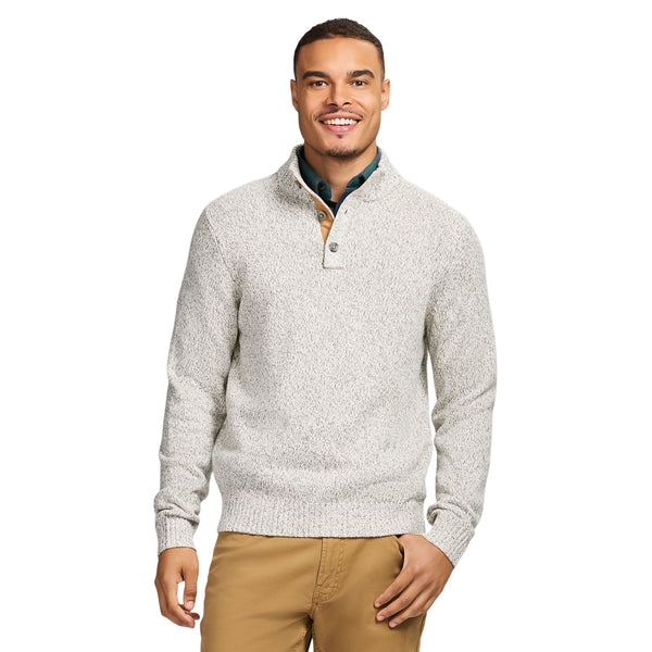 HOLIDAY BUTTON MOCK SWEATER - ROCK HTHR