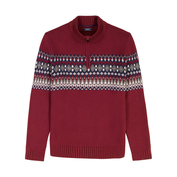 HOLIDAY FAIRISLE 
QUARTER ZIP SWEATER - VELVET MAROON