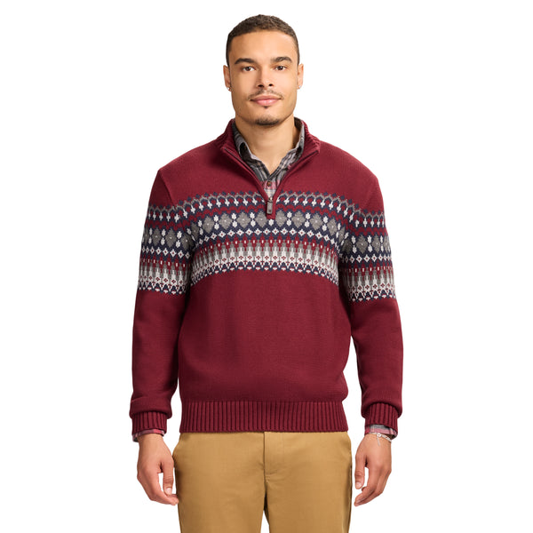 HOLIDAY FAIRISLE 
QUARTER ZIP SWEATER - VELVET MAROON