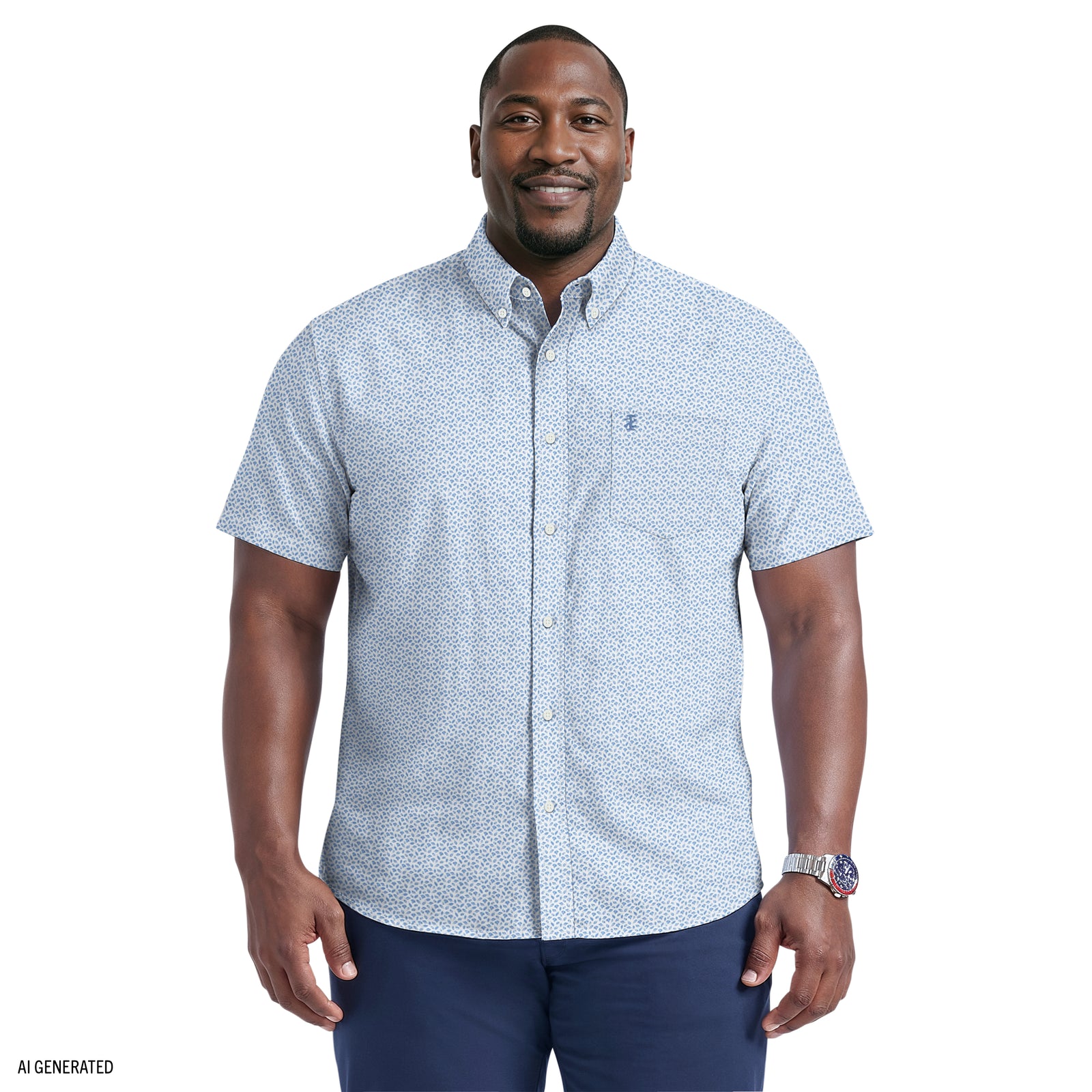 BIG & TALL BREEZE SHORT SLEEVE PRINTED BUTTON DOWN SHIRT - RIVIERA