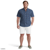 BIG & TALL BREEZE SHORT SLEEVE PRINTED BUTTON DOWN SHIRT - MEDIEVAL BLUE
