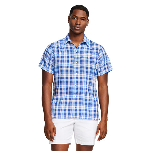 SHORT-SLEEVE MADRAS WOVEN BUTTON-DOWN SHIRT - TWILIGHT BLUE