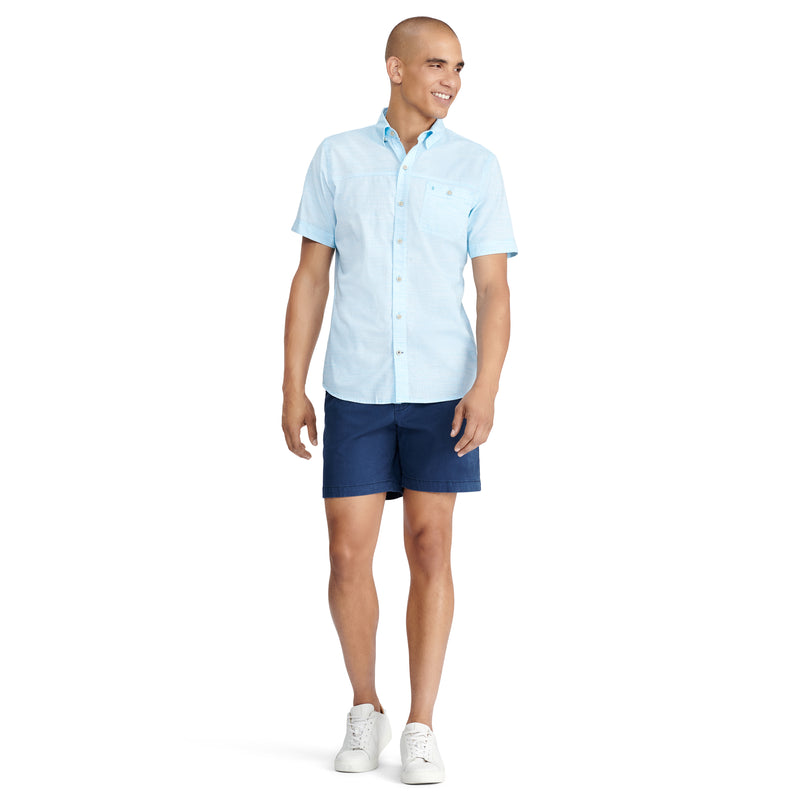 SALTWATER DOCKSIDE CHAMBRAY STRIPE SHORT-SLEEVE BUTTON-DOWN SHIRT - RIVER BLUE