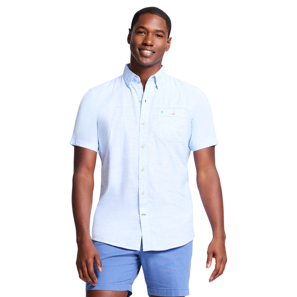 SALTWATER SHORT-SLEEVE DOCKSIDE BUTTON-DOWN CHAMBRAY SHIRT - BLUE REVIVAL