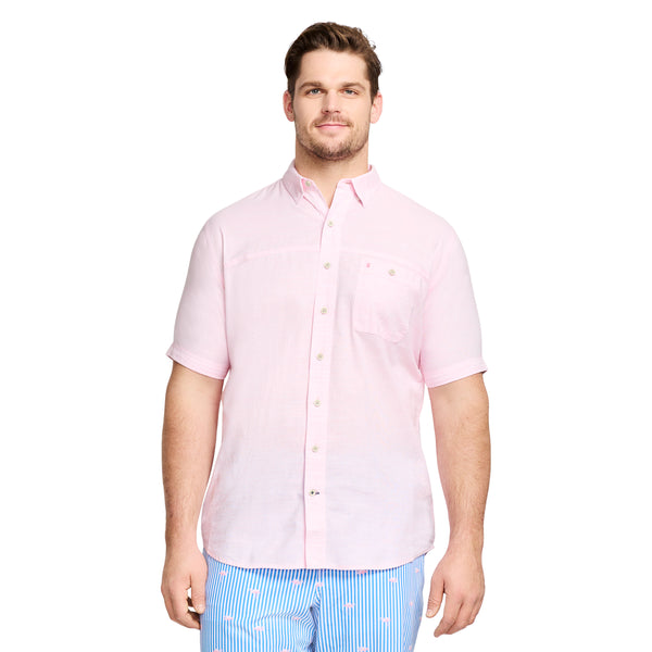 BIG AND TALL SALTWATER DOCKSIDE CHAMBRAY STRIPE SHORT-SLEEVE BUTTON-DOWN SHIRT - PEONY PINK