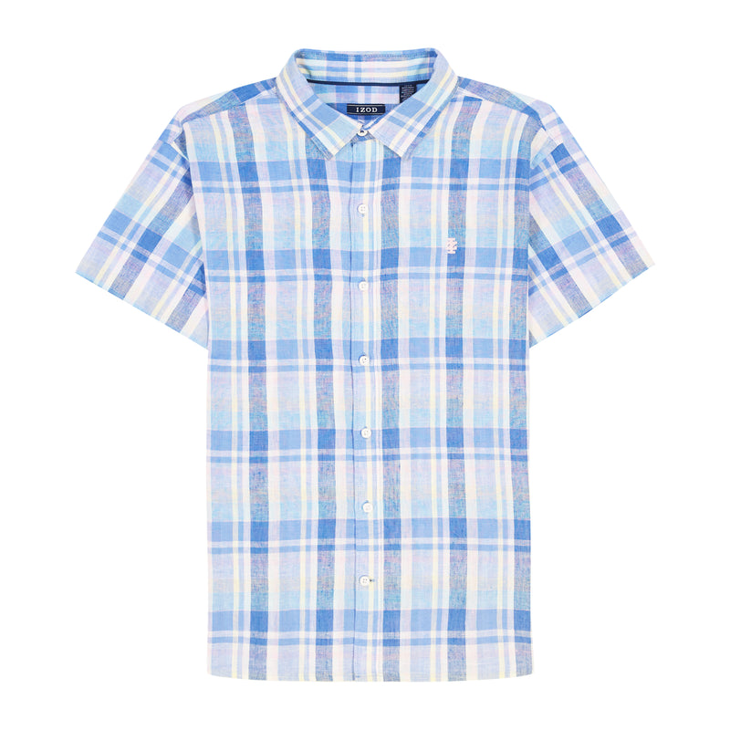 MADRAS WOVEN SHORT-SLEEVE BUTTON-DOWN SHIRT - CORNFLOWER BLUE