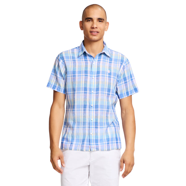 MADRAS WOVEN SHORT-SLEEVE BUTTON-DOWN SHIRT - CORNFLOWER BLUE