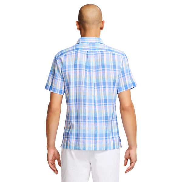 MADRAS WOVEN SHORT-SLEEVE BUTTON-DOWN SHIRT - CORNFLOWER BLUE