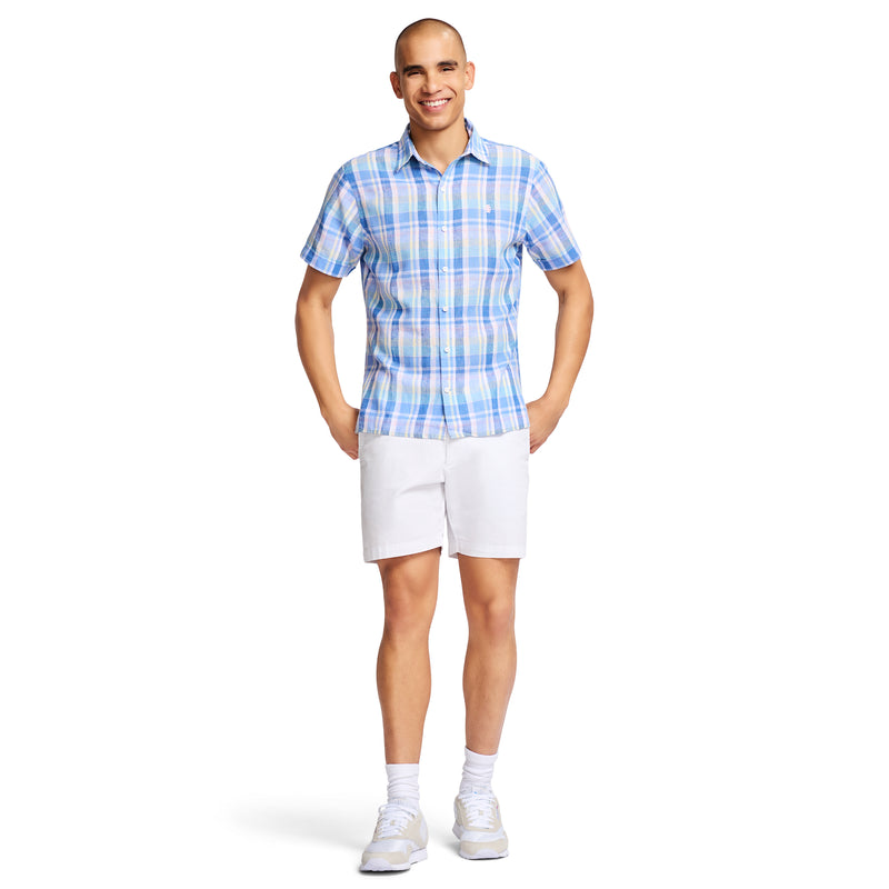 SHORT-SLEEVE MADRAS WOVEN BUTTON-DOWN SHIRT - CORNFLOWER BLUE