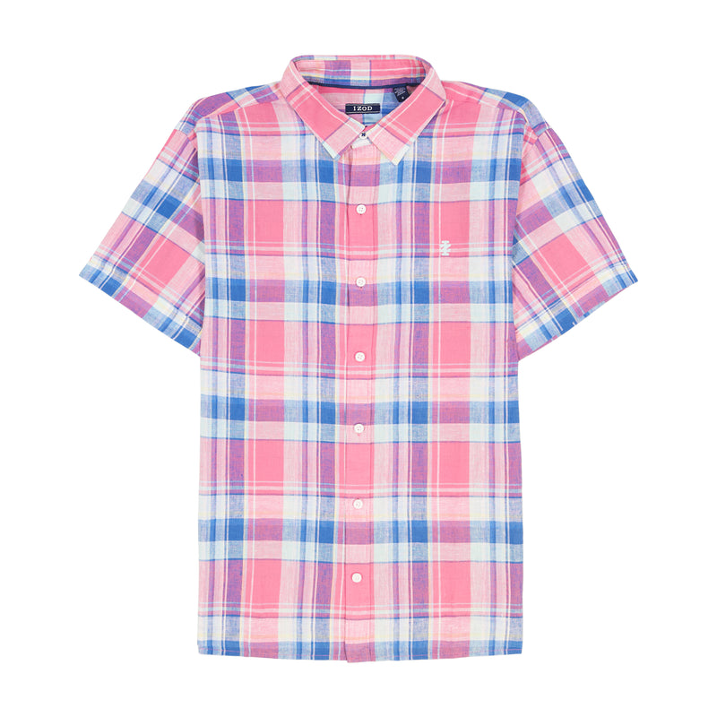 MADRAS WOVEN SHORT-SLEEVE BUTTON-DOWN SHIRT - RAPTURE ROSE