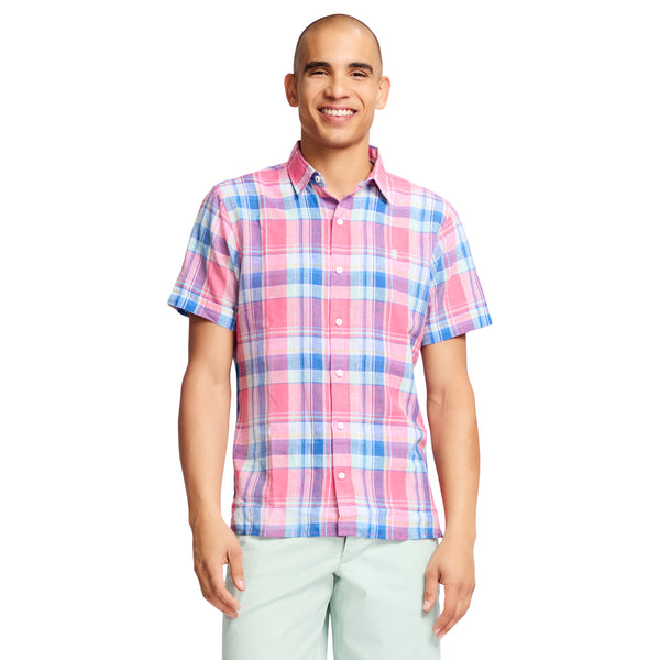 SHORT-SLEEVE MADRAS WOVEN BUTTON-DOWN SHIRT - RAPTURE ROSE